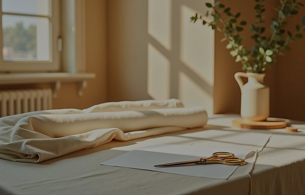 Mesa de taller con telas y tijeras