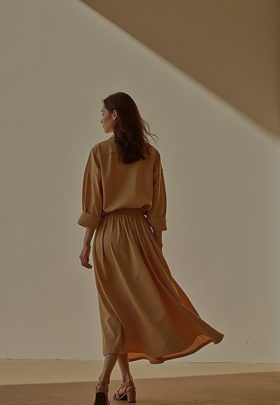 Look NISHA: blusa y falda midi en camel