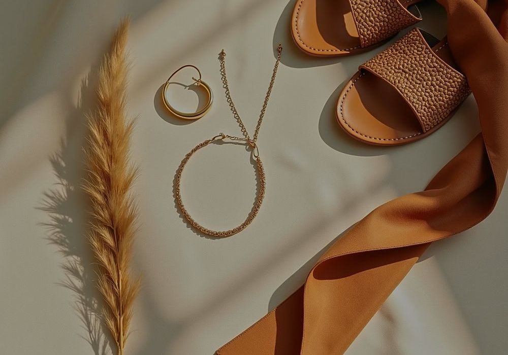 Accesorios: aros dorados, collar y sandalias