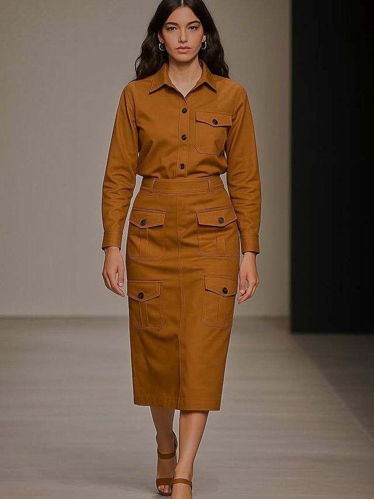Conjunto utilitario en mostaza: camisa y falda midi con bolsillos, en pasarela